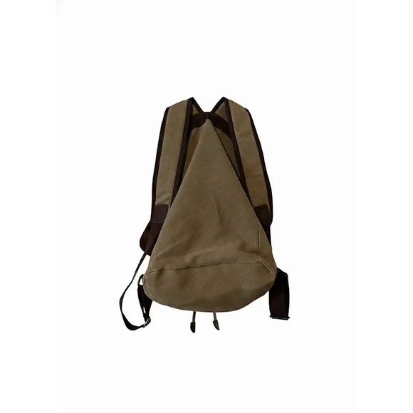 Canvas Leather‎ Trim Flap Top Drawstring Backpack Khaki Brown Vtg Style School - Picture 3 of 4
